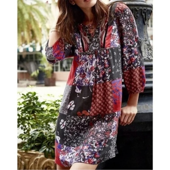 Anthropologie Dresses & Skirts - Anthropologie One September Arcata Boho  Patchwork Tie Neck Pullover Dress Small